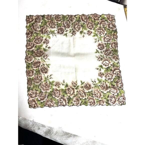 Embroidered handkerchief hankie 13 in. by 13 in. Brown and white embroidered edg - Picture 4 of 10